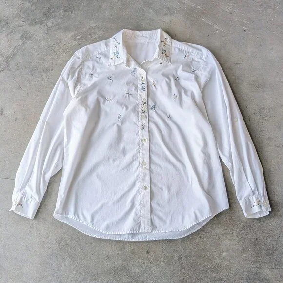 Vintage White Button Down Shirt Colorful Floral Embroidery - Picture 2 of 6